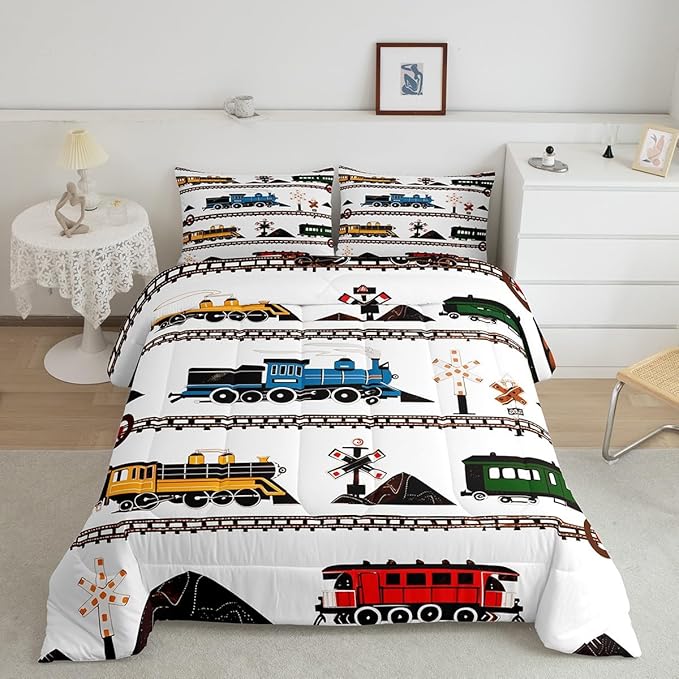 Erosebridal Kids Comforter Set Retro Vintage Train Bedding, Cute Vehicle Printed Colorful Train Comforter for Boys Girls Adults Teens Bedroom Decor All Season Full 3 Pieces, 1 Comforter 2 Pillowcases