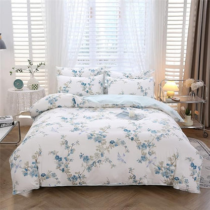 URBONUR Blue Floral Duvet Cover Set Queen Size 100% Cotton 3 Pieces Bedding Comforter Cover with Button Closure Birds on White Comforter Cover Sets, Soft Cooling Bedding Queen