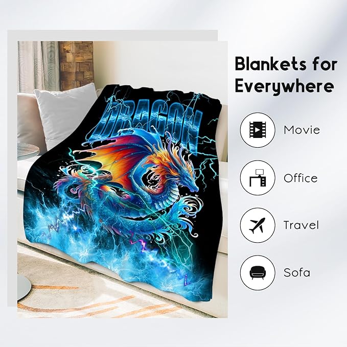 Blanket for Boys Dragon Blankets Gifts for Dragon Lovers, 60"x80" Warm Cozy Flannel Throw for Bed Living Room