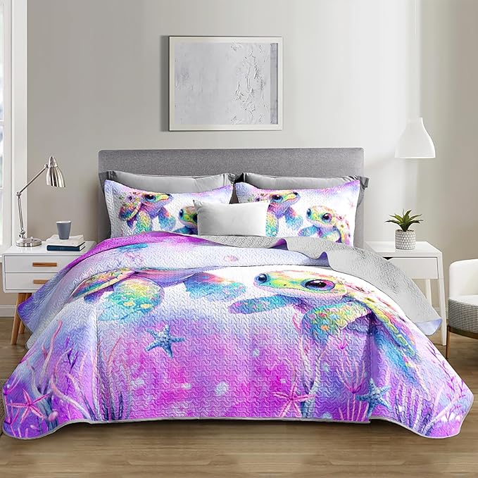 Coastal Themed Quilted Quilt Queen Size,Sea Turtles Bedding Sets for Kids Girls Room Decor,Seagrass Starfish Pattern Lightweight Quilt with 2 Pillowcases.