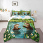 Cute Otter Comforter Set Queen Size 3 Pcs Cartoon Pond Brown Wild Animal Bedding Sets for Kids Boys Girls Teens Natural Green Plants Floral Rustic Style Down Comforter with 2 Pillowcases