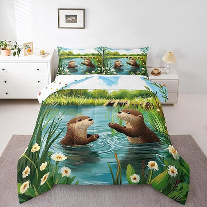 Cute Otter Comforter Set King Size 3 Pcs Cartoon Pond Brown Wild Animal Bedding Sets for Kids Boys Girls Teens Natural Green Plants Floral Rustic Style Down Comforter with 2 Pillowcases