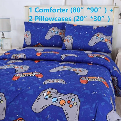 SDIII 3PCS Blue Gaming Comforter Set Full, Soft Microfiber Lightweight Game Comforter Sets for Boys Girls Kids Teens, Video Gamer Bedding Set Full