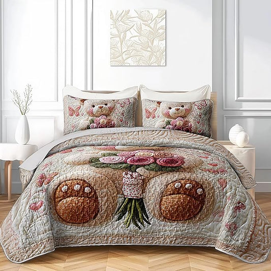 Kawaii White Teddy Bear Quilts Bedding Twin 3Pcs Cartoon Butterfly Rose Bouquet Bed Set Fantasy Flower Pet Toy Bear Bedspread Coverlet with 2 Pillowcases for Kid Boy Girl Teen Adult Room Decor