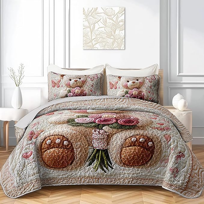 Kawaii White Teddy Bear Quilts Bedding Queen 3Pcs Cartoon Butterfly Rose Bouquet Bed Set Fantasy Flower Pet Toy Bear Bedspread Coverlet with 2 Pillowcases for Kid Boy Girl Teen Adult Room Decor