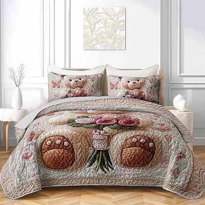 Kawaii White Teddy Bear Quilts Bedding King 3Pcs Cartoon Butterfly Rose Bouquet Bed Set Fantasy Flower Pet Toy Bear Bedspread Coverlet with 2 Pillowcases for Kid Boy Girl Teen Adult Room Decor