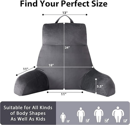 Reading Pillow with Arms for Adult, Back Pillow for Bed Sitting Up, Shredded Memory Foam Backrest Pillow with Pockets & Removable Washable Cover, Lounging, Watching TV, Reading(24inch Grey)