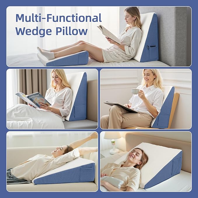 Wedge Pillow for Headboard, 7.5’’ Triangle Elevated Bed Wedge Pillow for Acid Reflux Relief, Sleeping, Post Surgery, Back Pain Relief, Snoring, Soft Memory Foam Top & Washable Breathable Cover, Blue