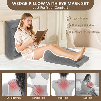Inflatable Wedge Pillow for Sleeping - Inflatable Travel Pillow with Eye Mask for Head Shoulder,Back,Knee,Leg Elevation,Post-Surgery Support,Acid Reflux&Back Pain Relief,Snoring,Portable Wedge Cushion