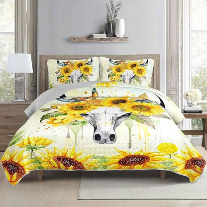 AILONEN Bull Skull Quilt Set King Size,Yellow Sunflower Bedspread Coverlet with 2 Pillowcases,3-Piece Soft Lightweight Boho Bed Cover