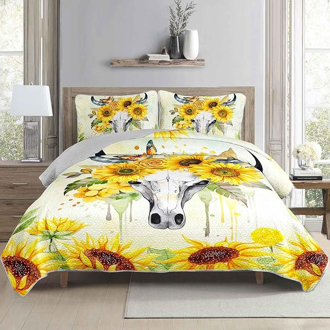 AILONEN Bull Skull Quilt Set Queen Size,Yellow Sunflower Bedspread Coverlet with 2 Pillowcases,3-Piece Soft Lightweight Boho Bed Cover
