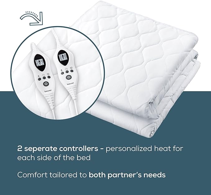 Beurer UWB70 Heated Mattress Pad Queen, Dual Control Electric Mattress Cover with Separate Feet/Body Heat, Auto Shut Off, 9 Warming Levels, Overheat Protection, and Soft Quilted Fabric, 60" x 80"