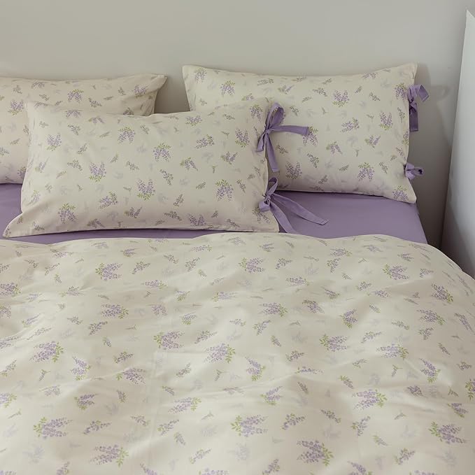 AOJIM Vintage Style Floral Print Duvet Cover Set for Room Decor, Cotton Kids Adults Bedding Comforter Cover with Purple Floral Pattern,1 Twin Quilt Cover 68x86'' and 2 Pillowcases 20x26'' with Bowknot