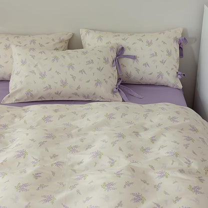 AOJIM Vintage Style Floral Print Duvet Cover Set for Room Decor, Cotton Kids Adults Bedding Comforter Cover with Purple Floral Pattern,1 Twin Quilt Cover 68x86'' and 2 Pillowcases 20x26'' with Bowknot