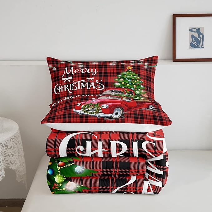Erosebridal Christmas Comforter Set for Men & Women - Twin Merry Christmas Truck Duvet Insert - Black & Red Grid Checkered Down Comforter with 1 Pillowcase - Warm & Cozy Gift