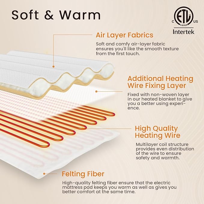 Electric Heated Mattress Pad Twin Size Single Control Bed Warmer, Deep Pocket, 10-Hour Auto Off, Machine Washable, 3D Air Layer Fabric, 39"x75", Gold
