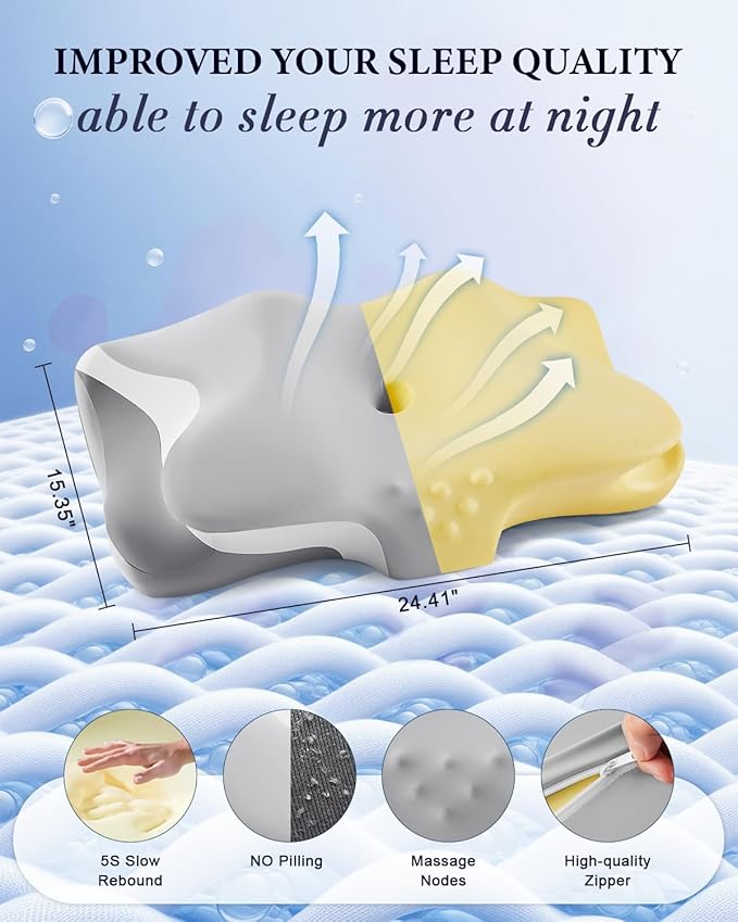Cervical Neck Pillow for Pain Relief, Cooling Ergonomic Memory Foam Pillows for Sleeping with Breathable Pillowcase, Contour Deep Sleep Neck Support Pillow for Side Back Stomach Sleepers-Light Grey