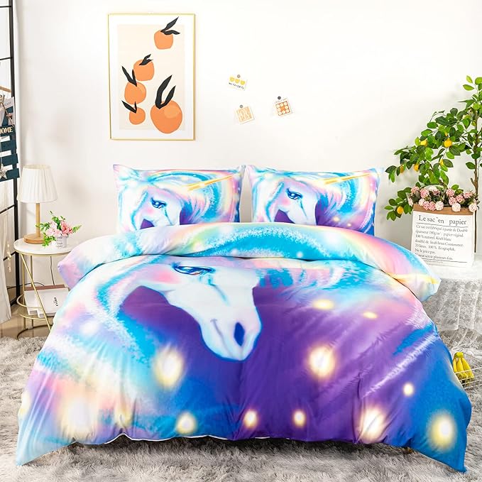 CVHOUSE Rainbow Unicorn Duvet Cover King Size, Glitter Unicorn Bedding Set for Girls, Kids & Teens - 1 Duvet Cover, 2 Pillowcases, 3 Piece