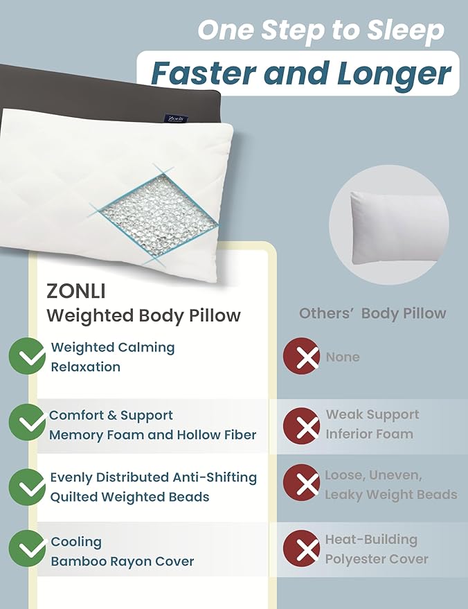 ZonLi Weighted Body Pillow with Bamboo Cover(41" x 10") 6.5lbs, Quilted Glass Beads Body Pillows for Adults Weighted Pillow for Deep Sleepers, Full Body Pillow for Side Sleepers,Memory Foam Pillow