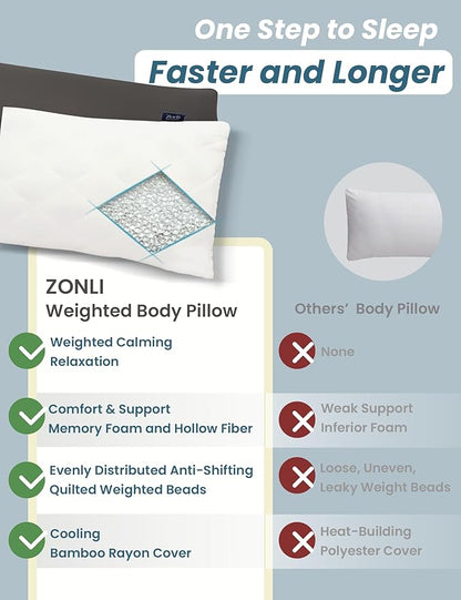 ZonLi Weighted Body Pillow with Bamboo Cover(41" x 10") 6.5lbs, Quilted Glass Beads Body Pillows for Adults Weighted Pillow for Deep Sleepers, Full Body Pillow for Side Sleepers,Memory Foam Pillow