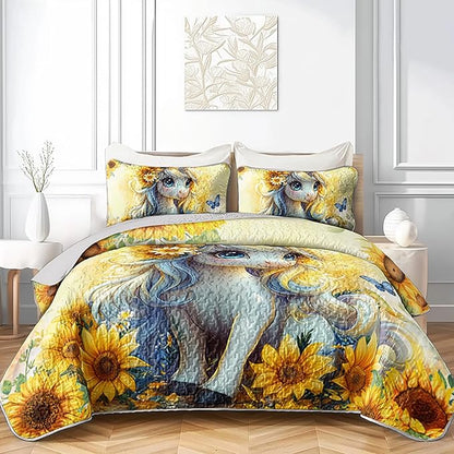 Kawaii Yellow Unicorn Flowers Quilts Bedding King 3Pcs Tie-Dye Sunflower Butterfly Bed Set Dreamy Animal Pattern Bedspread Coverlet with 2 Pillowcases for Kid Boy Girl Teen Adult Room Decor