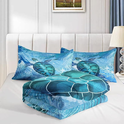CVHOUSE Sea Turtle Bedding Set,Sea Turtle Comforter Queen,Ocean Bohemia Comforter Set for Boys Kids Girls,Ocean Quilt Set with 1 Comforter and 2 Pillow Cases
