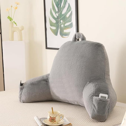 Reading Pillow for Sitting in Bed, Large Backrest Reading Pillow with Arm Rest,Back-Rest Support Cushion for Sit Up on Couch, Sofa, and Floor, Dorm Essentials (Gray Faux Fur, Large(19"))