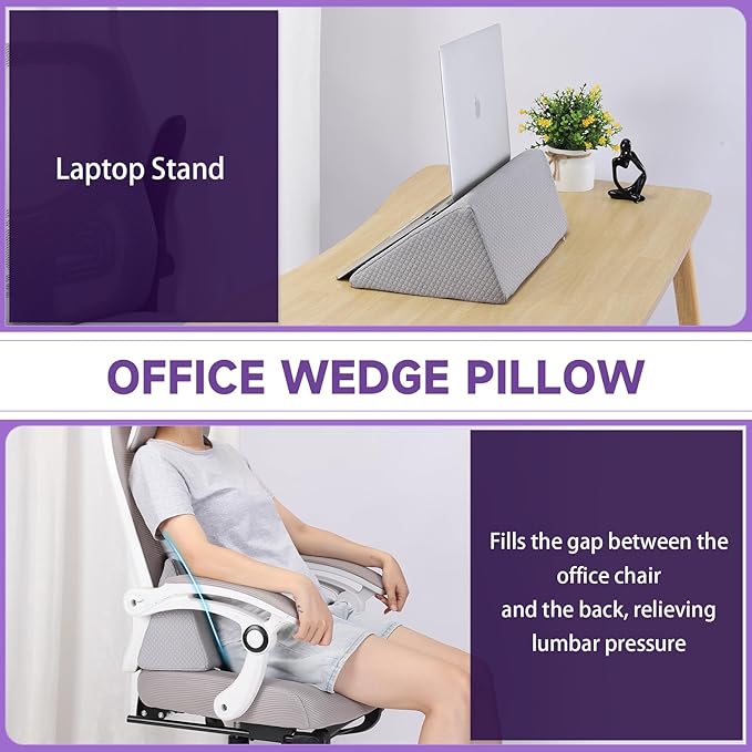 Small Wedge Pillow, Small Wedge Pillow for Sleeping, Foam Wedge for Yoga, Laptop, Memory Foam Positioning, Foam Pillow for Chair, Provide Support and Relieve Fatigue(Grey-17.7")