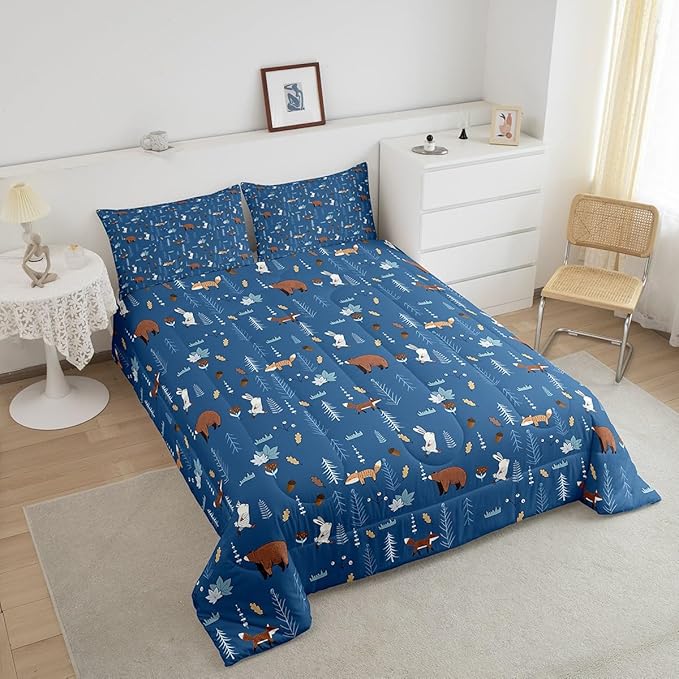 Bear Bedding Set Full Size,Navy Cartoon Animals Comforter Set Kids Cute Fox Rabbit Quilt Set 3Pcs for Girls Boys Bedroom Decor,Pine Tree Jungle Adventure Style Duvet Insert,2 Pillowcases