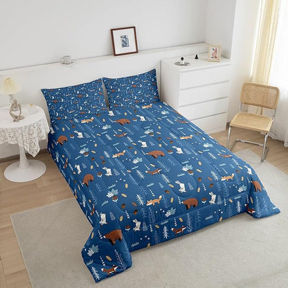 Bear Bedding Set Full Size,Navy Cartoon Animals Comforter Set Kids Cute Fox Rabbit Quilt Set 3Pcs for Girls Boys Bedroom Decor,Pine Tree Jungle Adventure Style Duvet Insert,2 Pillowcases
