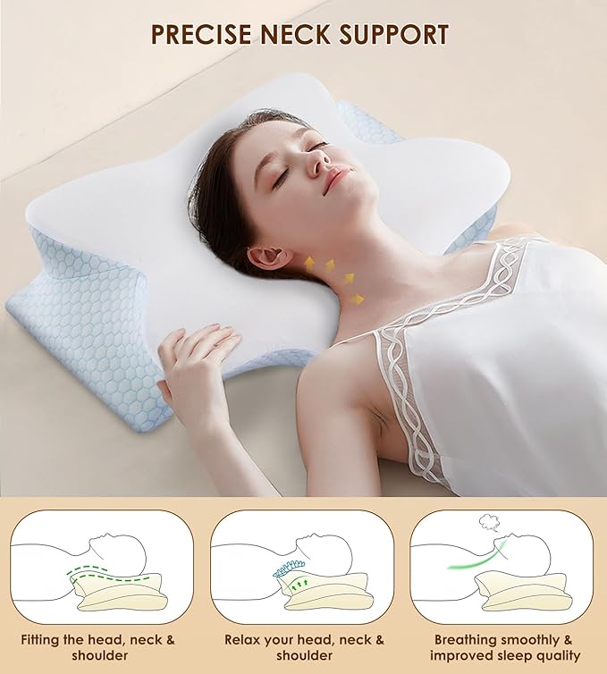 Cervical Memory Foam Pillow for Neck and Shoulder, Ergonomic Contour Cervical Pillow for Sleeping with 2 Heights, Cooling Neck Support Pillows for Side Back Stomach Sleeper Blue
