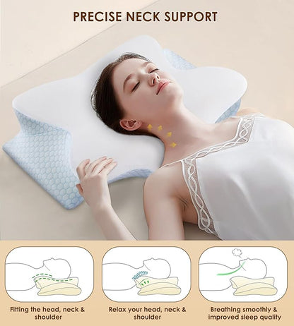Cervical Memory Foam Pillow for Neck and Shoulder, Ergonomic Contour Cervical Pillow for Sleeping with 2 Heights, Cooling Neck Support Pillows for Side Back Stomach Sleeper Blue