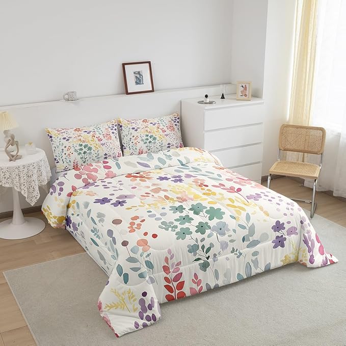 Erosebridal Colorful Floral Queen Comforter Set for Kids Girls Women,Cute Rainbow Flower Bedding Set Boho Bedroom Decor,Watercolor Wildflower Quilt Bed Set Rustic Flowers Bed Comforter Set 3Pcs