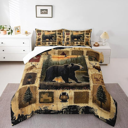 Feelyou Bear Comforter Set Queen Size Wild Animal Comforter for Boys Girls Teens Rustic Cabin Country Bedding Set Nature Wildlife Duvet Set Room Decor Forest Quilt Set