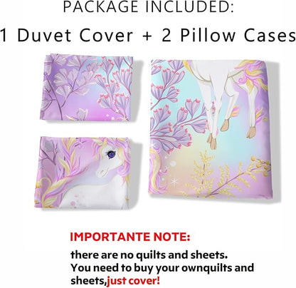 CVHOUSE Rainbow Unicorn Bedding Set for Girls - Queen Size, Soft Comforter Cover Set with 1 Duvet Cover, 2 Pillowcases, Girls Room Decor