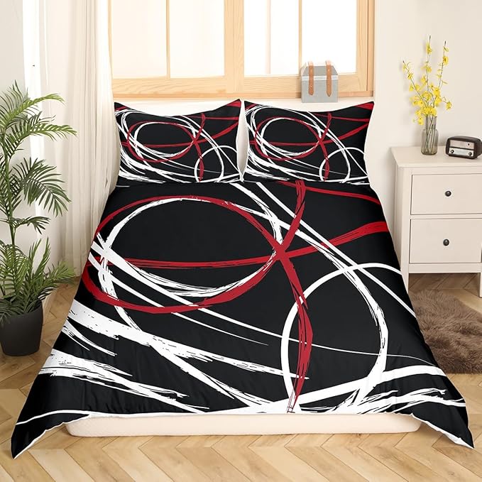 Abstract Spiral Stripes Comforter Cover,Modern Red Black White Duvet Cover Set for Girls Teens Bedroom Gift,Geometric Circle Bedding Set Home Decor with 2 Pillowcases, Full Size (No Comforter)