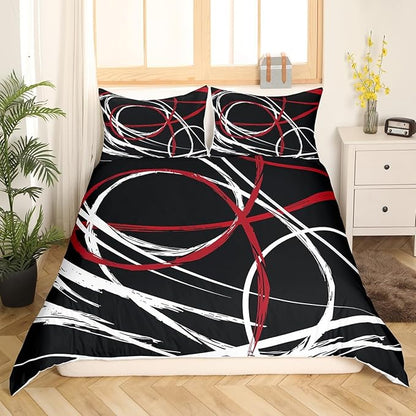 Abstract Spiral Stripes Comforter Cover,Modern Red Black White Duvet Cover Set for Girls Teens Bedroom Gift,Geometric Circle Bedding Set Home Decor with 2 Pillowcases, Full Size (No Comforter)
