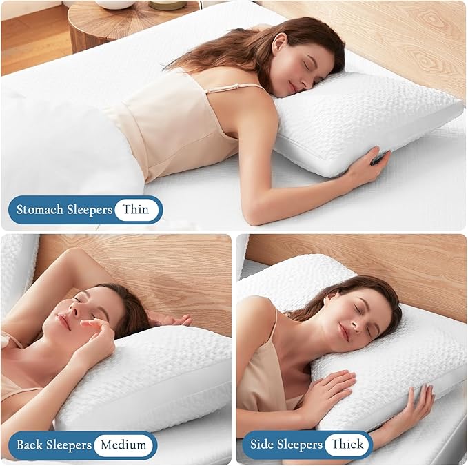 Side Sleeper Pillows for Adults, Adjustable Shredded Memory Foam Bed Pillows for Neck and Shoulder Pain, Standard White Cooling Curved Pillows with Washable Cover & Extra Foam Bag