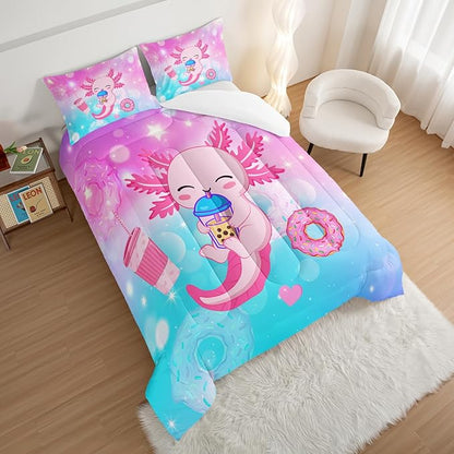 HOSIMA Axolotl King Size Comforter Set Cute Animal Bedding Room Decor for Teen Girls Dessert Milk Tea Donut Bed Princess Toddler Bedding Set Fantasy Bed in a Bag King Size for Adults Kids.