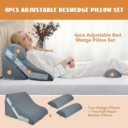 4PCS Orthopedic Bed Wedge Pillow Set, Adjustable Curve Memory Foam Wedge Pillow, Pillow Wedges for Post Surgery, Back Pain Relief, Triangle Pillows for Acid Reflux, Snoring, GERD, Grey