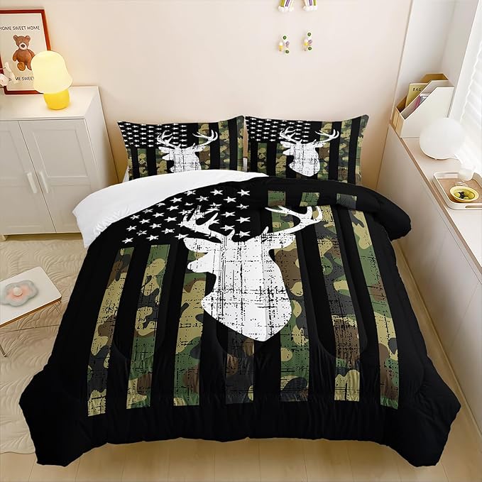 Deer Hunting Comforter Set Full Size, American Flag Bedding Set for Boys Teens, Army Green Military Camo Stripes Bedding Quilt Set Bedroom Decor 3 Pcs with 2 Pillowcase