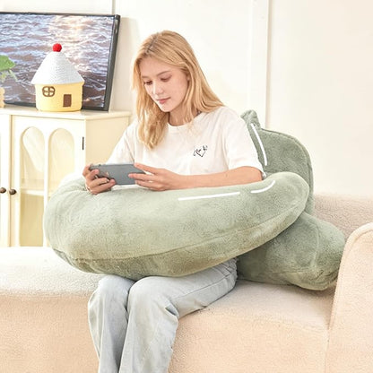 Reading Pillow for Bed,U Shaped & Back Support Pillow for Bed,17" Backrest with Lumbar & Arm Support,Luxurious Faux Rabbit Fur,Gaming PillowFor Crochet/Reading/Watching TV,Green