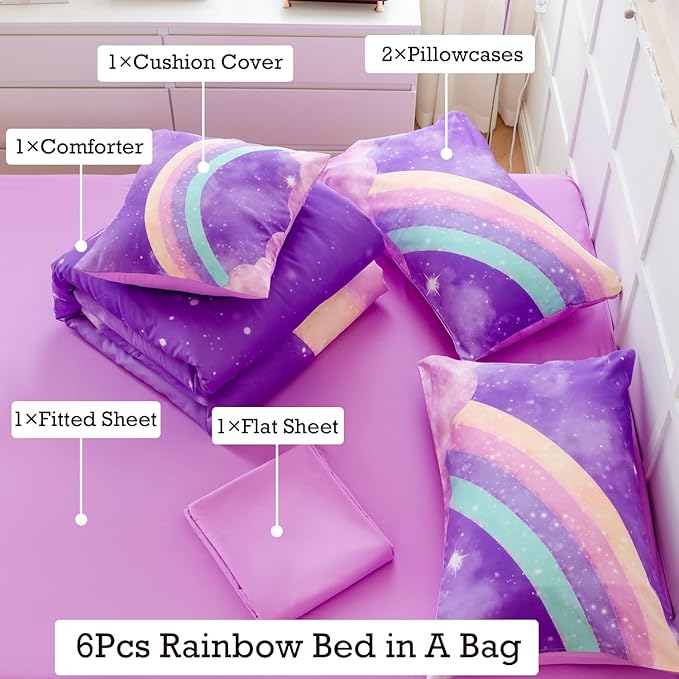 ANGIYUIN Deep Purple Rainbow Kids Comforter Set Twin 6 Pieces Gradient Glitter Bedding for Girls 3D Galaxy Nebula Bed Set with Sheets for All Season
