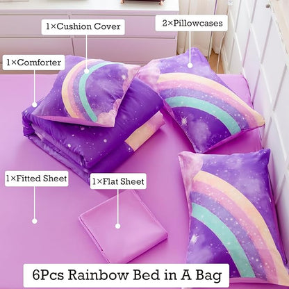 ANGIYUIN 6Pcs Gradient Purple Queen Size Comforter Set for Girls 3D Colorful Rainbow Galaxy Bed in A Bag Gradient Glitter Bedding Comforter Sets for All Season