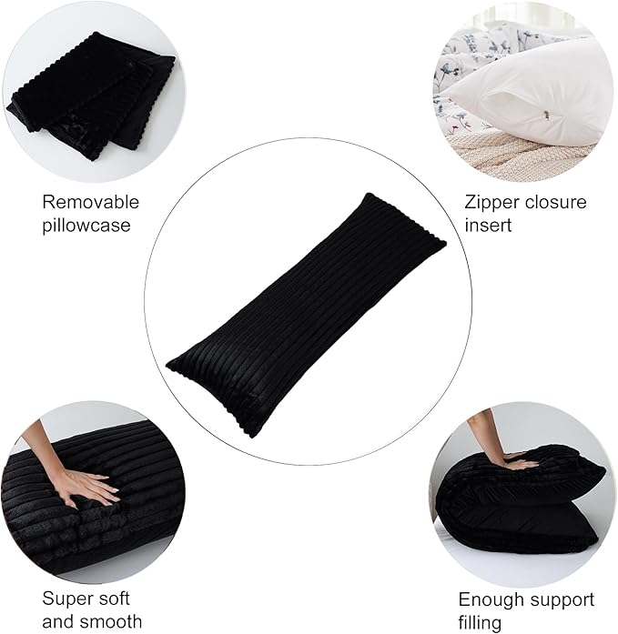 Full Body Pillow with Fluffy Stripe Faux Fur Removable Cover, Long Bed Pillow Adult 20x54 Inches for Side Sleeper and Pregnancy, Black.