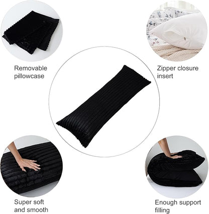 Full Body Pillow with Fluffy Stripe Faux Fur Removable Cover, Long Bed Pillow Adult 20x54 Inches for Side Sleeper and Pregnancy, Black.