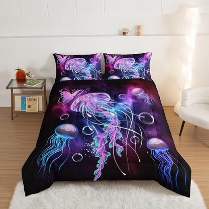 HOSIMA Jellyfish Printed Comforter Ocean Theme Bedding Set 3 Piece, Starry Sky Galaxy Bedding Room Decor Butterfly Comforter for Queen Size Bed