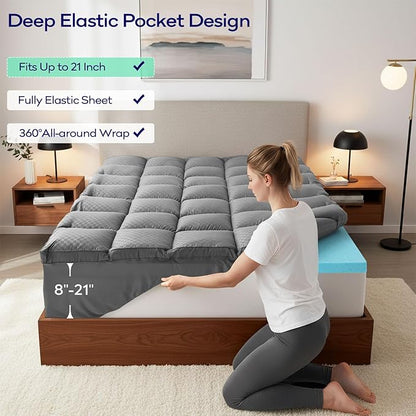 OLANLY Dual-Layer 4 Inch Twin XL Size Memory Foam Mattress Topper for College Dorm Room Essentials, 2 Inch Gel Memory Foam Topper, 2 Inch Cooling Pillow Top Mattress Pad Cover, Gray