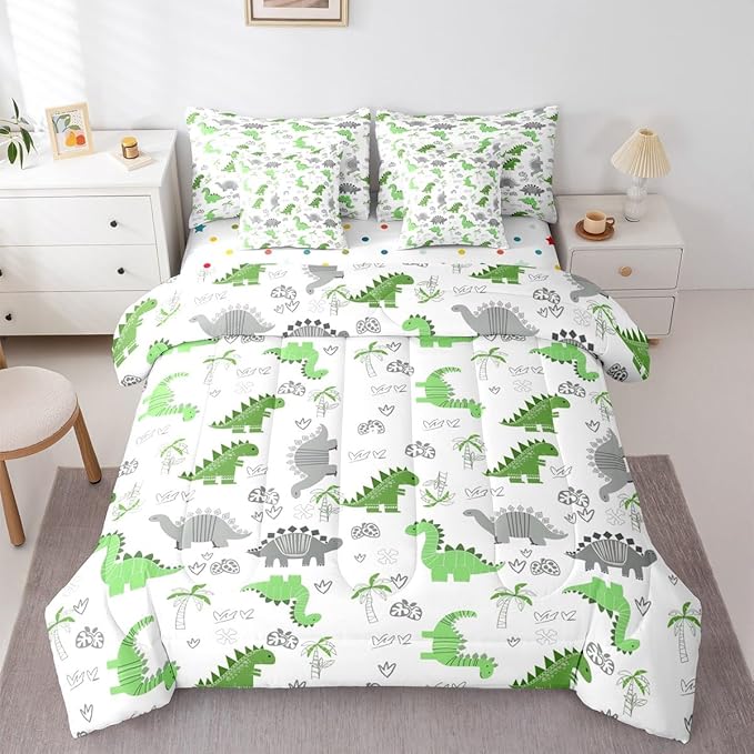 Feelyou Cute Dinosaur 7 Piece Bedding Set Bright Green Grey Dinosaur Comforter Set with Sheets for Kids Boys Girls Nutrue Palm Tree Bed in a Bag Animal Theme Bed Set Soft Lightweight