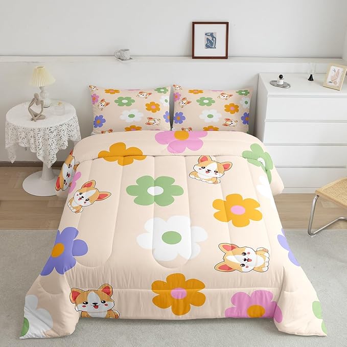 Colorful Daisy Comforter Set King Size 3 Pcs Cute Dog Corgi Cartoon Pet Animal Bedding Comforter for Kids Boys Girls Teens Watercolor Hippie Flowers Rustic Style Bedroom Quilt Set with 2 Pillowcases